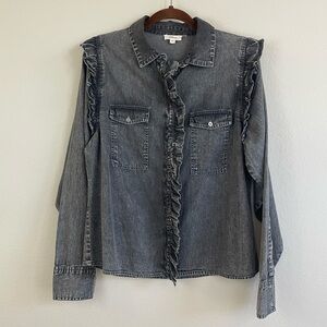 Elan Black Ruffle Long Sleeve Chambray Button Up Shirt Size‎ M Western-Boho